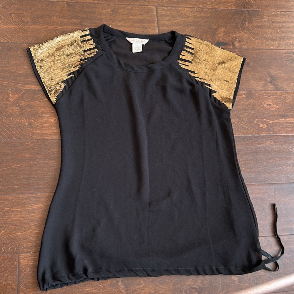 Fun & Flirt Women’s Blouse Black Gold Sequins Cap Sleeves New Sz S ST2825